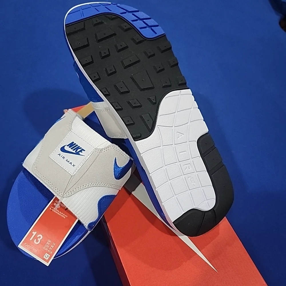Sz 13 Nike Air Max 1 Slides Slippers Sandals 'White/Royal Blue' (FJ4007-100) - Picture 6 of 6